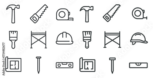 Construction tools outline icons set – linear, blueprint, building essentials