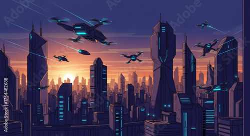 Futuristic cityscape with drones flying over modern buildings at sunset, showcasing advanced technology and urban development in a vibrant, stylized illustration