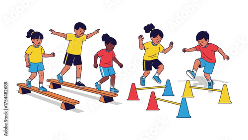 Children's obstacle course: a illustration of children engaging in an obstacle course, showcasing their energy and coordination. it's perfect to represent children's sports.