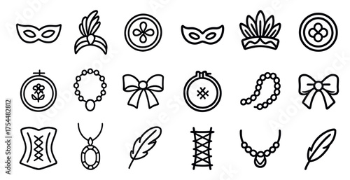 Masquerade and fashion icon set – outline, linear, costume and accessory symbols