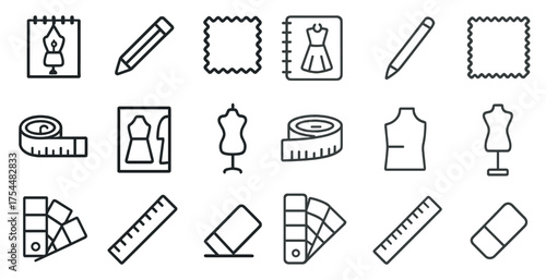 Fashion design and sewing outline icons set – linear, silhouette, tailoring tools