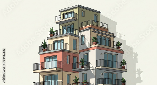 A unique and colorful apartment building with a whimsical design, featuring balconies and potted plants