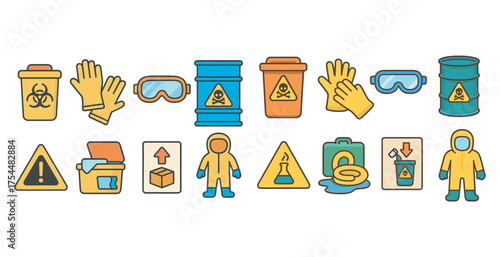 Hazard and safety icons set – flat, filled, warning and protection symbols.