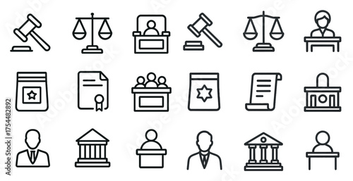 Legal and justice line icons set – outline, linear, law and order symbols