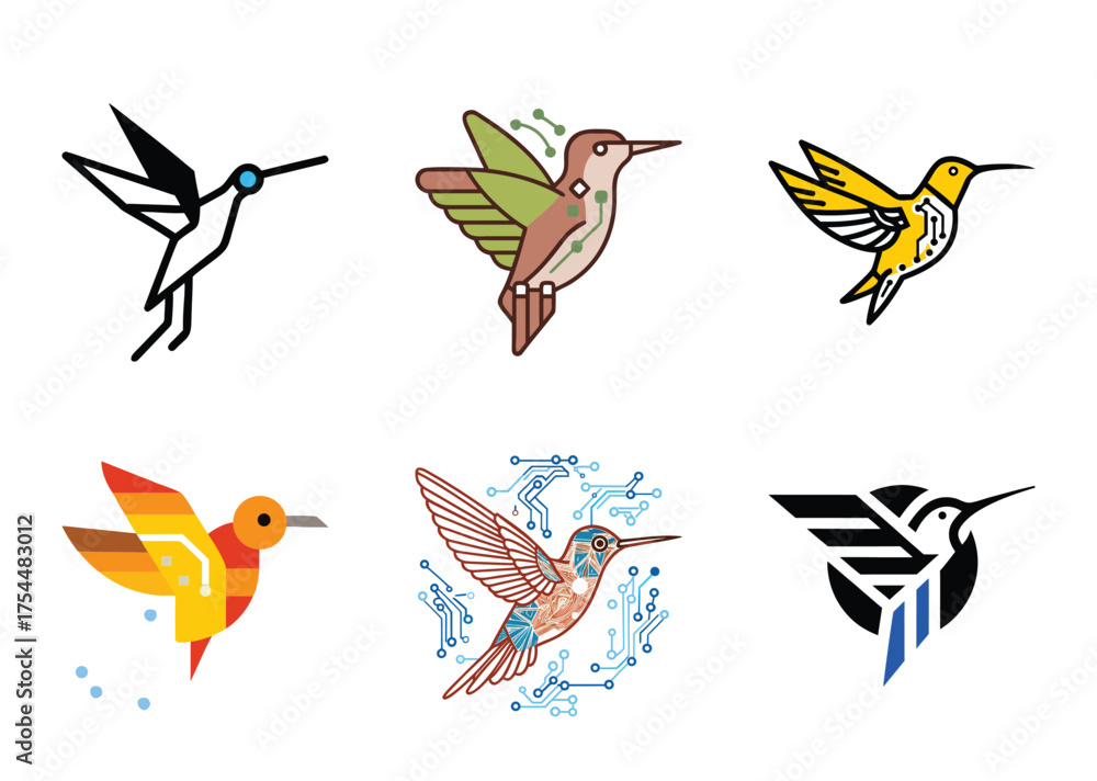 Fototapeta premium Diverse hummingbird logos featuring technology circuits and organic shapes on white background