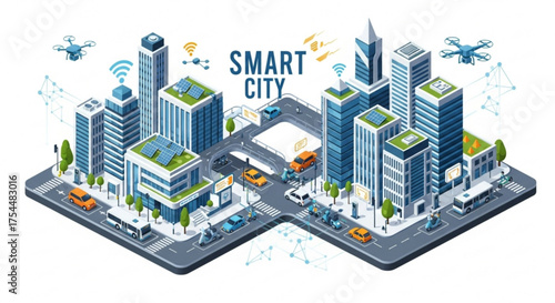 Isometric smart city illustration showcasing modern buildings, green spaces, autonomous vehicles, and drone technology, representing urban innovation and sustainable development