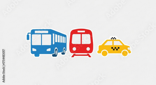 Public transportation icons featuring a bus, train, and taxi, representing urban mobility and diverse travel options for city dwellers
