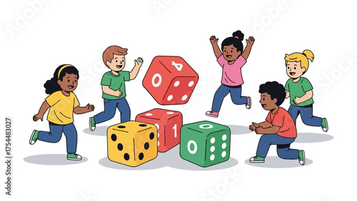 Playful Dice Game: A joyful group of children engage in a lively game with colorful dice, showcasing the essence of fun, friendship, and spirited interaction. 
