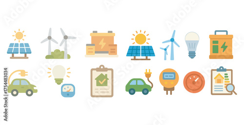 Renewable energy flat icons set – solar, wind, eco-friendly symbols for sustainability.