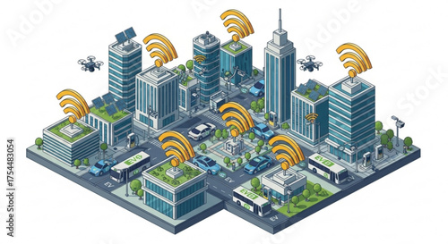 Isometric smart city illustration featuring modern architecture, wireless connectivity, green infrastructure, and drone surveillance, representing technological advancement