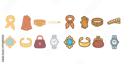Fashion accessories flat icons set – stylish, outline, jewelry and apparel symbols.