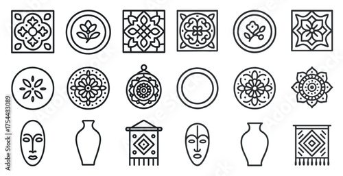 Ornamental outline icons set – decorative, vector, pattern design elements
