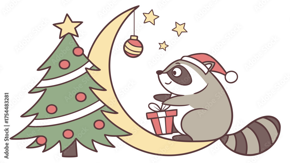 Naklejka premium An adorable Raccoon with a Curious vibe, sitting on a moon, and a Festive Cheer Christmas theme – SVG style