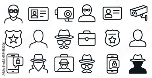 Security and surveillance icon set - outline, linear, protection symbols
