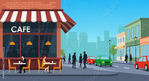 A vibrant cafe scene with people enjoying coffee, set against a bustling city backdrop with cars and buildings under a clear blue sky illustration