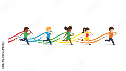 Chasing Dreams: A vibrant illustration capturing a group of diverse children joyfully running, each trailing colorful ribbons.