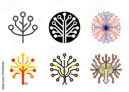 Stylized Digital Trees Representing Technology, Connectivity, and Abstract Data Networks Concepts