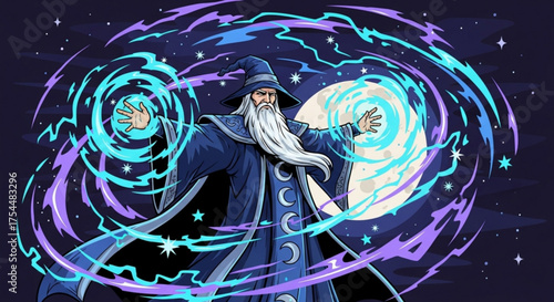 A powerful wizard casting spells with swirling energy against a backdrop of stars and moon, creating a magical and mystical scene illustration