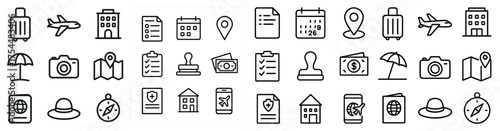 Travel and tourism outline icons set – flat, filled, vacation planning symbols