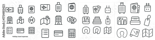 Travel and tourism outline icons set – flight, vacation, trip essentials