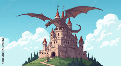 A majestic dragon with crimson wings perches atop a medieval castle, its towers reaching towards a bright blue sky dotted with fluffy white clouds