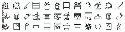 Cleaning and maintenance outline icons set – line, tools, household equipment symbols