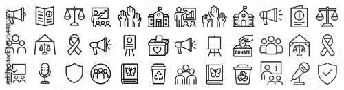 Nonprofit linear icons set – solid, charity, fundraising symbols for awareness