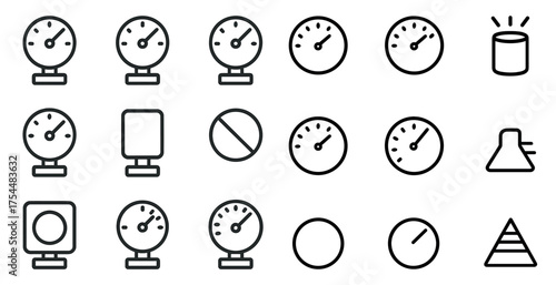 Gauges and meters line icons set – outline, linear, measurement and tool symbols