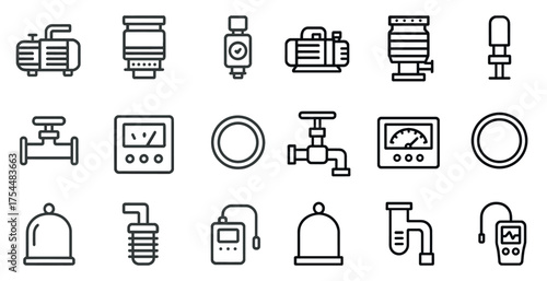 Industrial and manufacturing line icons set – equipment, machinery, factory symbols