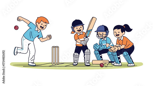 Cricket Fun for the Little Champs: Youngsters engage in a lively game of cricket. capturing the spirit of sportmanship. showing the joy of outdoor play and teamwork.