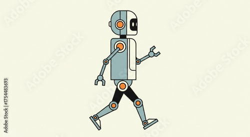 A cartoon robot is walking the robot is blue and white, and it has a round head and a square body it is a simple design