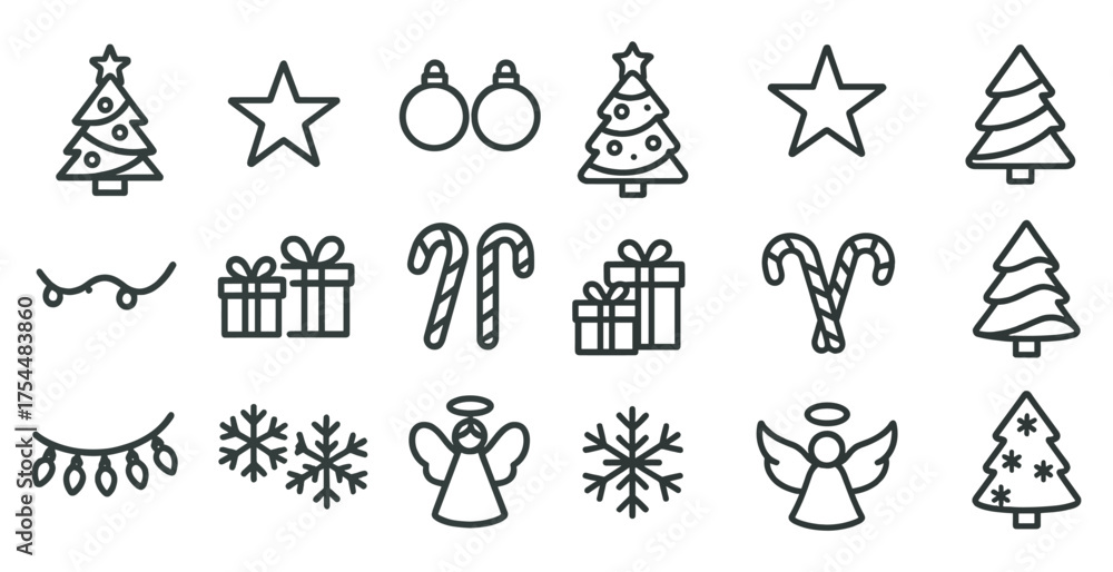 Fototapeta premium Christmas and holiday icons set – outline, linear, festive decorations and symbols.