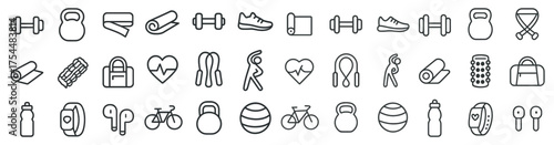 Fitness and workout line icons set – flat, outline, exercise and gym equipment graphics
