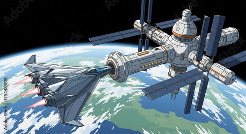 A spaceship is docked at a space station the spaceship is white and gray, and it has a long, sleek design the space station is blue and gray