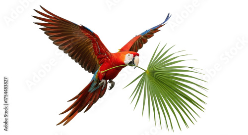 Isolated red macaw parrot flying with palm tree branch in beak, close up image of tropical bird