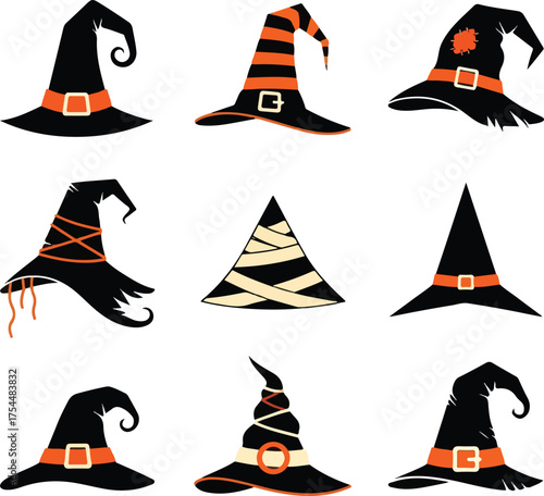 A collection of nine different witch hats in various black and orange styles. Designs include traditional pointy hats, striped patterns, buckle details, tattered edges, and one wrapped like a mummy.