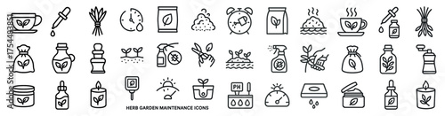Herb garden maintenance icons set – outline, line, gardening and botanical symbols