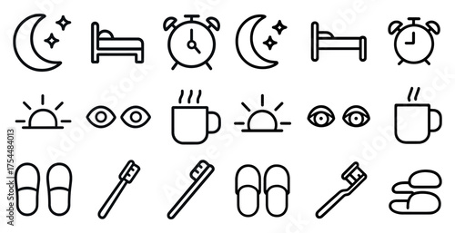 Sleep and relaxation outline icons set – linear, bedtime, night routine graphics