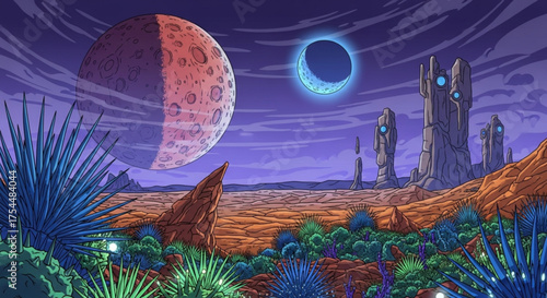 A captivating cartoon illustration of an alien landscape featuring a desert, unusual plants, and celestial bodies in a colorful and imaginative style