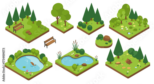 Isometric park scenes with trees, benches, and ponds in lush green landscapes
