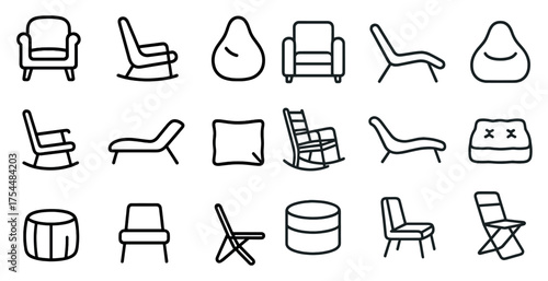 Furniture outline icons set – line, linear, home decor and seating symbols