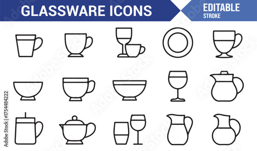 Collection of line icons showing various glassware and tableware for kitchen or cafe design
