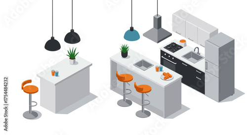 Modern isometric kitchen interior with bar stools and hanging lamps