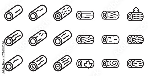 Wood logs line icons set – outline, vector, timber and forestry symbols