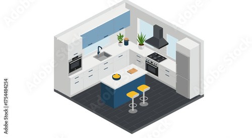 Modern isometric kitchen with blue accents and island seating