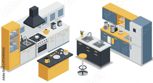 Modern isometric kitchen design with appliances and furniture in yellow and blue
