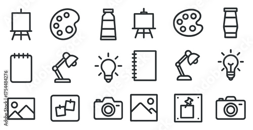 Art and creativity outline icons set – line, drawing, design elements for inspiration