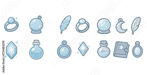 Mystical elements outline icons set – crystal, magic, enchanted symbols