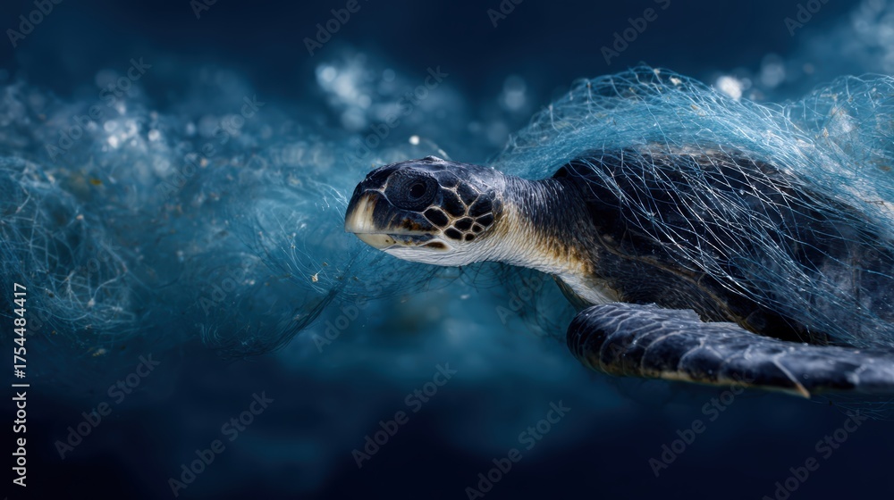 Fototapeta premium A close-up of a turtle entangled in plastic waste in the ocean.