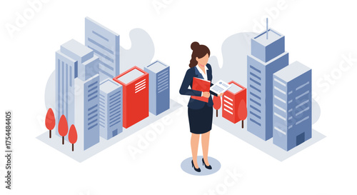 Businesswoman in modern cityscape: professional urban environment for work and growth